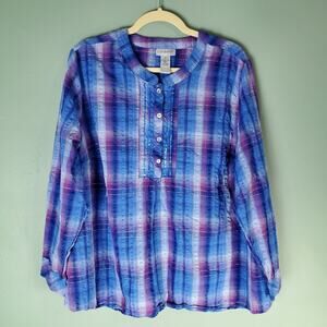 Catherines Blue Purple Metallic Plaid Sequin Roll Tab Half Button Top Size 2X